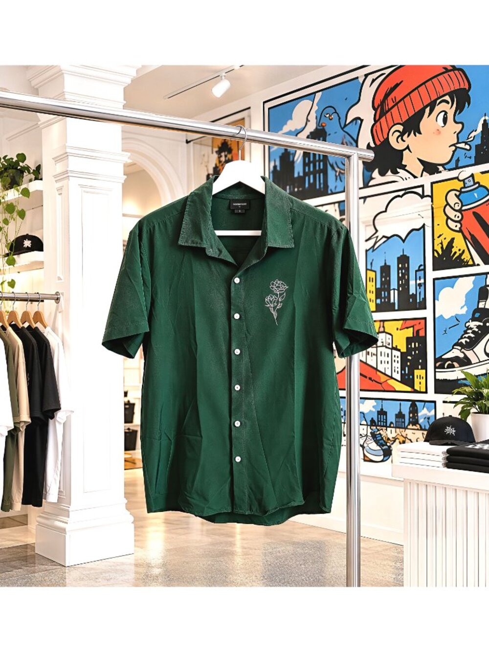 MANFINITY Men’s Green Floral Short Sleeve Button-Up Shirt – Size Small